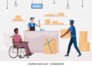 Person using wheelchair in post office. Man with disability taking order parcel box flat cartoon vector illustration