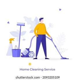 Person with vacuum cleaner, brush, detergent, bucket. Concept of professional home cleaning service, housekeeping, equipment for cleanup. Modern flat colorful vector illustration for banner, poster.