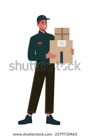 Person of various profession concept. Courier and loader with cardboard boxes. Man in green uniform. Home delivery and shopping. Cartoon flat vector illustration isolated on white background