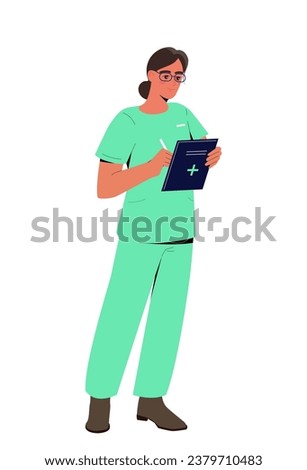 Person of various profession concept. Doctor or nurse with textbook. Woman in medical uniform. Labour international holiday. Cartoon flat vector illustration isolated on white background