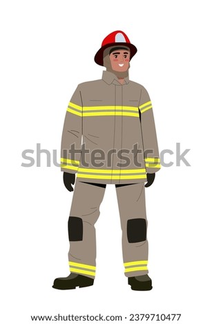 Person of various profession concept. Firefighter in protective uniform. Man in red hat. Safety and security. Poster or banner. Cartoon flat vector illustration isolated on white background