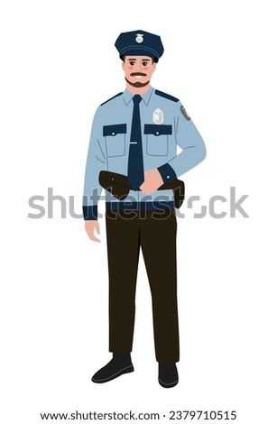 Person of various profession concept. Policeman with pistol. Man in blue police uniform. Security and safety, guard. Cartoon flat vector illustration isolated on white background
