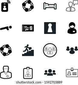 person vector icon set such as: motel, wireless, lifestyle, think, salary, chat, service, climb, medic, travel, care, system, information, training, house, check, moving, membership, progress
