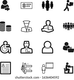 person vector icon set such as: suit, checkmark, industrial, running, leadership, tax, mark, parcel, credit, image, clean, services, transportation, data, wheel, cleaner, carry, coin, physician