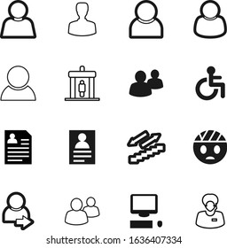 person vector icon set such as: bandage, knowledge, identity, stairs, disable, emoticon, job, service, young, bandaged, blank, education, boss, monitor, scanner, up, handicap, hair, plain, color, add