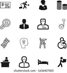 person vector icon set such as: creative, hoverboard, communication, increase, crutch, secretary, energy, physician, high, food, clean, deliveryman, stethoscope, self-balance, glass, wheelchair, room