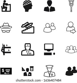 person vector icon set such as: desk, skyscraper, staff, screen, circle, protection, services, client, military, internet, choose, accounting, detective, executive, leg, young, manager, veteran