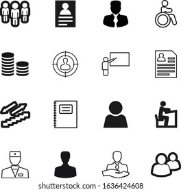 person vector icon set such as: address, staff, center, notebook, exchange, commerce, banking, object, document, presentation, cash, professional, pointer, chart, stack, leader, clients, security