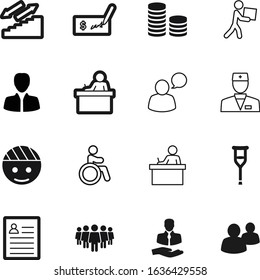 person vector icon set such as: information, package, financial, talking, handicap, fracture, name, chat, pile, speak, suit, caucasian, coins, badge, step, tax, courier, carry, delivery, crutches