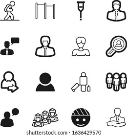 person vector icon set such as: support, employee, aid, hiker, crutches, exercise, nature, staff, fracture, young, computer, abstract, management, focus, strength, figure, lines, work, barbell, icons