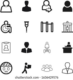person vector icon set such as: tool, board, handicap, bar, hand, therapy, smart, plain, knowledge, job, physiotherapy, identity, linear, hover, mark, circle, image, service, set, hair, yellow, ride