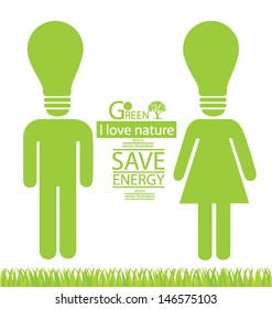 Person vector woman, man. Lamp. Go green. Save world. vector illustration.