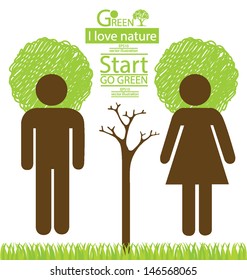 Person vector woman, man. Tree. Go green. Save world. vector illustration.