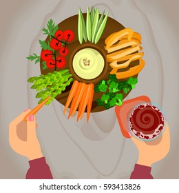 Person is vegetables and hummus with glass of beer on wooden table. Top view Vector illustration eps 10