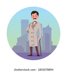 The person of victorian english aristocrat. A gallant gentleman in an elegant frock coat and with cane on the city buildings background. Flat cartoon vector illustration on white.