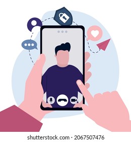 Person video call cartoon man. Communication and conversations on internet network. Online application on mobile phone screen for talking. Hand holding smartphone. Remote work. Vector illustration