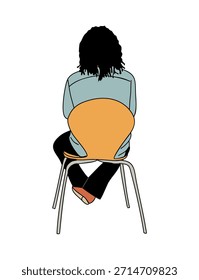 Pessoa vista por detrás sentada sobre uma cadeira laranja moderna.  Ilustração vetor minimalista limpo, design plano isolado no fundo branco.