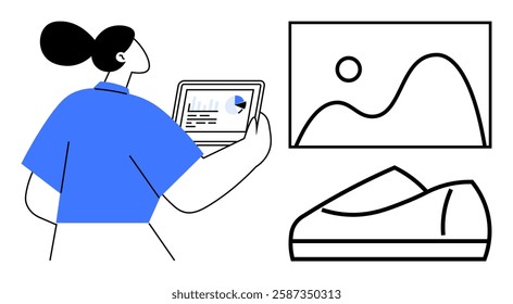 Person viewing data charts on a laptop, with modern art and a shoe design sketch in the background. Ideal for business, creativity, technology, design, productivity, innovation, marketing. Line