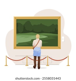 Person viewing landscape painting in museum exhibition hall. Vector illustration