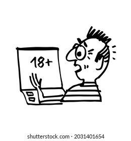 a person is viewing prohibited content on a computer screen. A hand-drawn cute character. Sketch. Vector doodle illustration