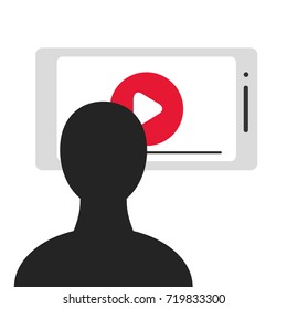 Person viewing video on big smartphone screen. Stock vector illustration for online broadcast, tv program, mobile content, home cinema, live stream watching, digital entertainment and addiction.