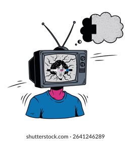 A person with a vintage TV for a head, displaying a fragmented image of a person's face.  A thought bubble is above the head.