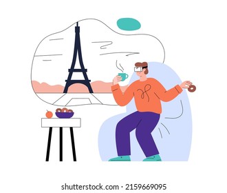 Person in virtual glasses makes a virtual trip to Paris. Virtual reality technology for learning of tourist attractions, flat vector illustration isolated on a white background.