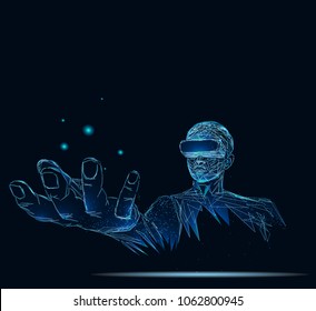 A person in virtual glasses. The man with glasses of virtual reality. Future technology concept. Modern imaging technology. Low poly vector illustration. 3D