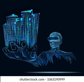 A person in virtual glasses. The man with glasses of virtual reality. Future technology concept. Modern imaging technology. Low poly vector illustration. 3D. City, future, futuristic concept, metropol