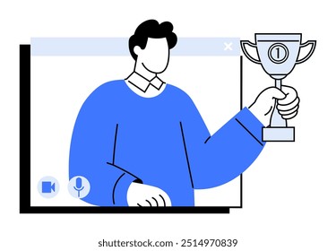 A person in a virtual meeting holds a trophy, symbolizing achievement and celebration in online interactions. Ideal for work-from-home, virtual events, online award ceremonies, remote achievements, di