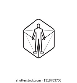 Person in virtual reality 360 degrees hand drawn outline doodle icon. concept. 3d digital world concept. Vector sketch illustration for print, web, mobile and infographics on white background.