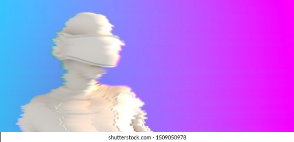 A person with virtual reality glasses stylized as an antique statue against blue pink backdrop. Glitched background with aesthetics of vaporwave style of 80's. Vector illustration. Cyberpunk concept.