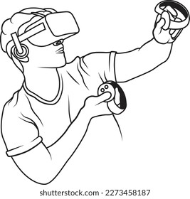 Persona con casco de realidad virtual. VR auriculares con micrófono. Icono de arte de la línea de realidad virtual, símbolos, logos, dibujos, ilustraciones, carteles, garabatos para web, negocios, online. Ilustración del vector