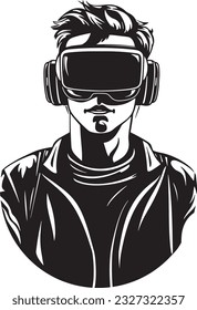 Person in virtual reality headset. VR headset goggles. Virtual reality art icon, symbols, logo, illustrations, signs, doodles for web, business, online. Vector illustration, technology and innovation
