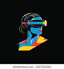 Person in virtual reality headset. VR headset goggles. Virtual reality art icon, symbols, logo, illustrations, signs, for web, business, online. Vector, De Stijl style, technology and innovation
