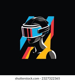 Person in virtual reality headset. VR headset goggles. Virtual reality art icon, symbols, logo, illustrations, signs, for web, business, online. Vector, De Stijl style, technology and innovation
