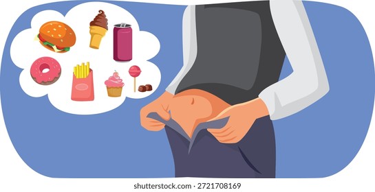 
Persona con problema de grasa visceral causado por la Ilustración vectorial de alimentos. El hombre no puede cerrar los pantalones porque come demasiados alimentos procesados 