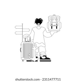 Person With a visitor rucksack in his hands. Tourism subject. Disquieting and white lineart. Trendy style, Vector Illustration