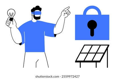 Person with VR glasses holds a light bulb and points to a lock and solar panel. Ideal for technology, innovation, cybersecurity, renewable energy, and virtual reality. Modern flat design style