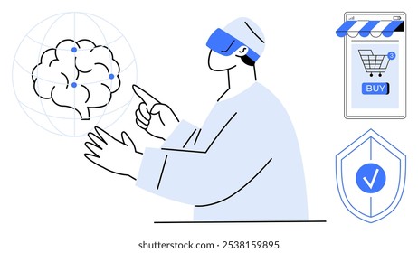 Person with VR headset and brain-computer interface, pointing at a digital brain model. Shows an online shopping app and security shield. Ideal for technology, cybersecurity, online shopping, VR