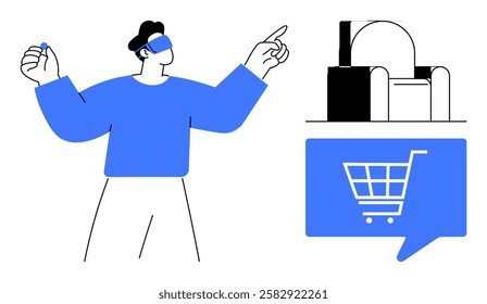 Person with VR headset interacting, armchair icon, and shopping cart inside speech bubble. Ideal for virtual reality, online shopping, e-commerce, technology, future retail, digital experiences