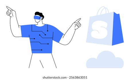 Person with VR headset interacting with digital elements surrounded by shopping bag and cloud icon. Ideal for technology innovation, virtual reality, online shopping, cloud computing, and futuristic