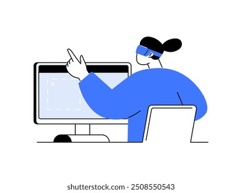 Person with a VR headset and pointing gesture, symbolizing virtual interaction, digital experience, and modern technology. The minimalistic design highlights the blend of reality and virtual worlds.
