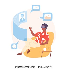 Person in VR headset talking to friend via video call. Futuristic communication of people in virtual reality. Colored flat cartoon vector illustration of man and AR screen isolated on white background