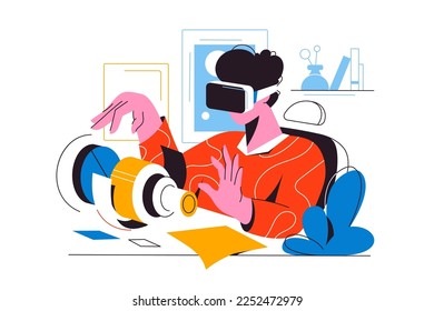 person with VR headset, technology and objects related to VR development. Virtual reality, technology development, innovation, future of gaming concept