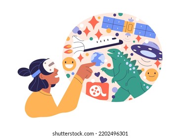 Person in VR headset and virtual reality experience. Digital world, cyberspace technology concept. Happy woman exploring cyber space. Flat graphic vector illustration isolated on white background