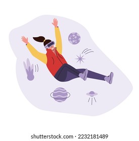Person in VR headset and virtual reality experience. Happy woman exploring cyber space.