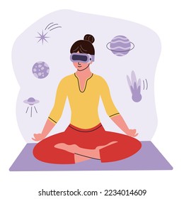 Person in VR headset and virtual reality experience. A woman in the lotus position exploring cyber space.
