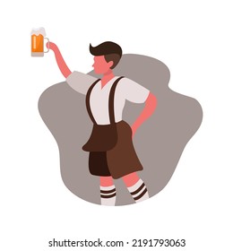 Person and Waiters Drink Beer Oktoberfest Party Celebration Man Wearing Traditional Clothes dance, musicians, play. Fest Concept Flat Vector Illustration.