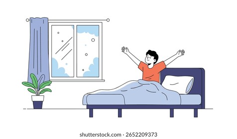 Uma pessoa acorda e se alonga na cama ao lado de uma janela com uma planta
